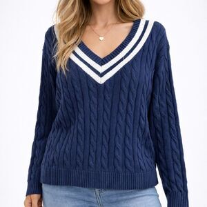 Lands’ End Navy Blue V-Neck Cable Knit Sweater XXL Cotton Striped Neck NWT